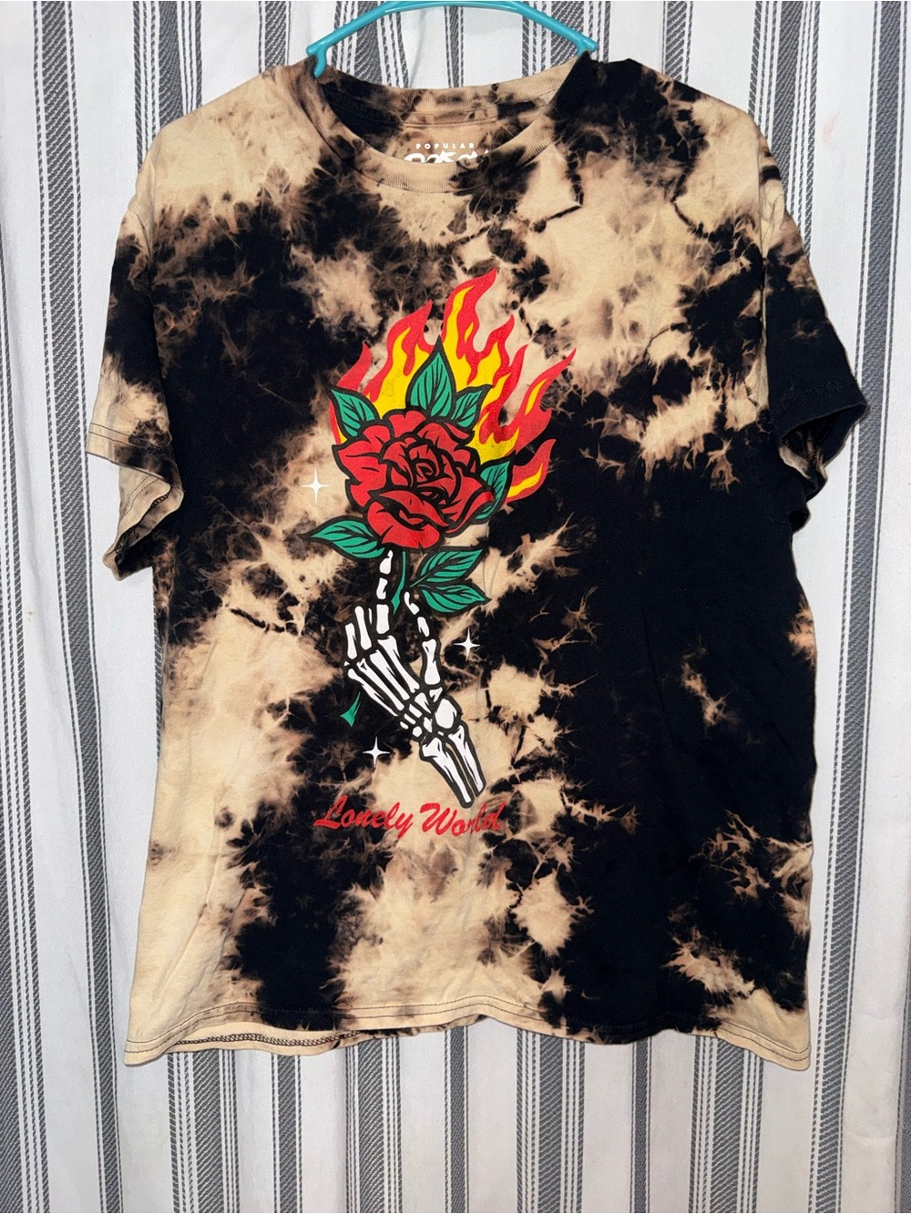 Tie-Dye Black & Tan Short-Sleeve Tee with Flaming Rose Graphic